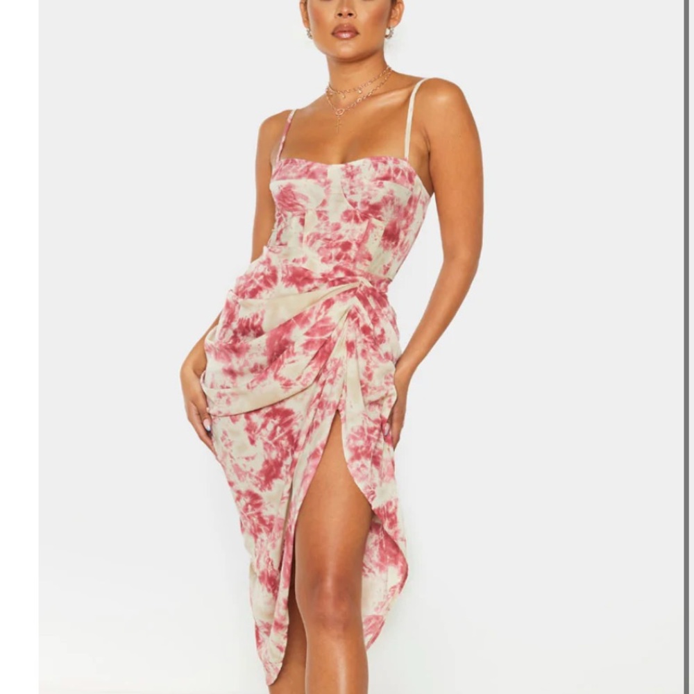 Pretty little thing corset top and high low ruched skirt